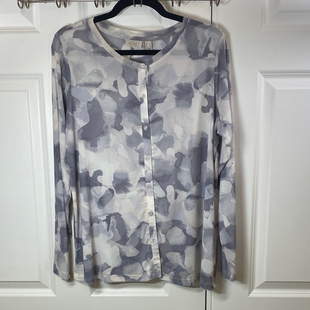 LOGO by Lori Goldstein Abstract Gray and White Mesh Cardigan